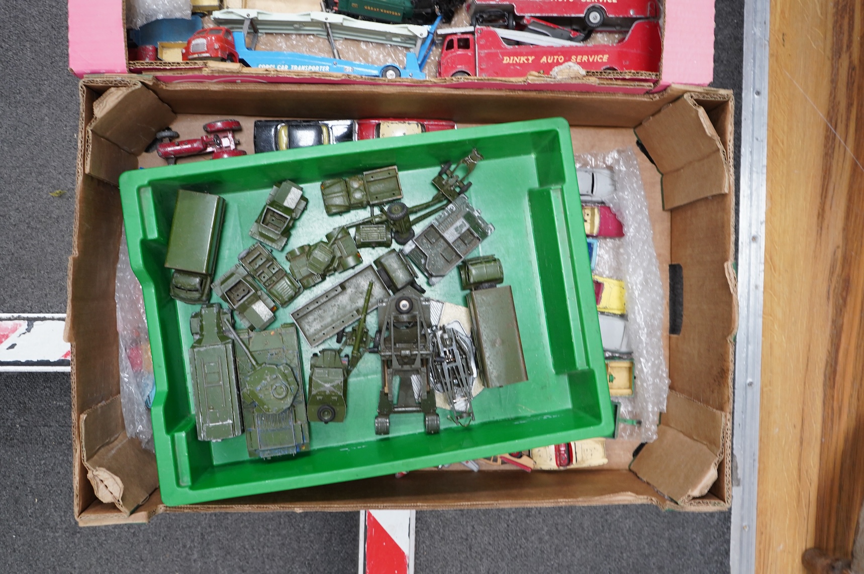 A quantity of 1950s/60s Dinky Toys, Corgi Toys, Matchbox Series, etc. including two boxed Dinky Supertoys; BBC T.V. Mobile Control Room (967), BBC T.V. Roving Eye Vehicle (968), together with unboxed vehicles including;
